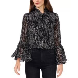 Vince Camuto Black Lurex Printed Fan Sleeve Neck Tie Button Front Blouse Size L